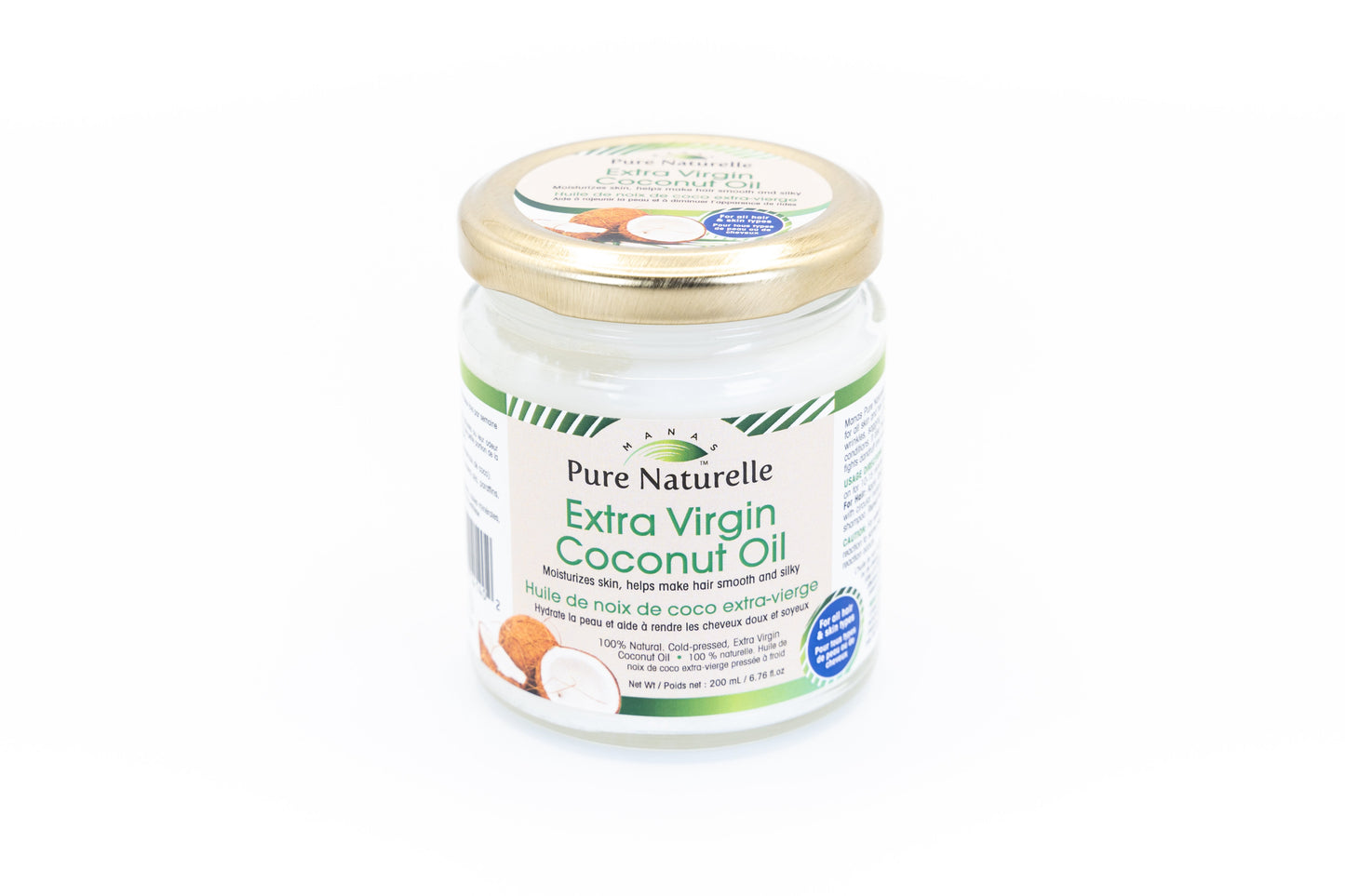 Makes skin smooth, supple, enhances hair quality... Manas Pure Naturelle 100% Natural Extra Virgin Coconut Oil for all skin and hair types